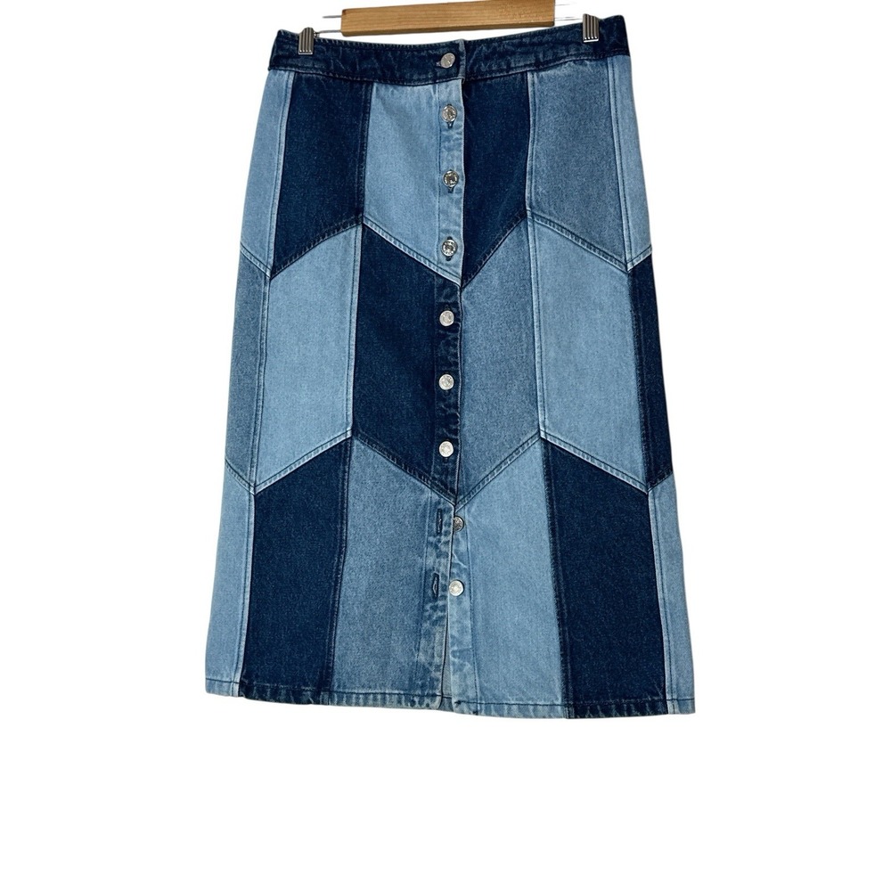 New Sezane Womens June Alexane Patchwork Skirt Size 40 US 8 Midi Straight Button